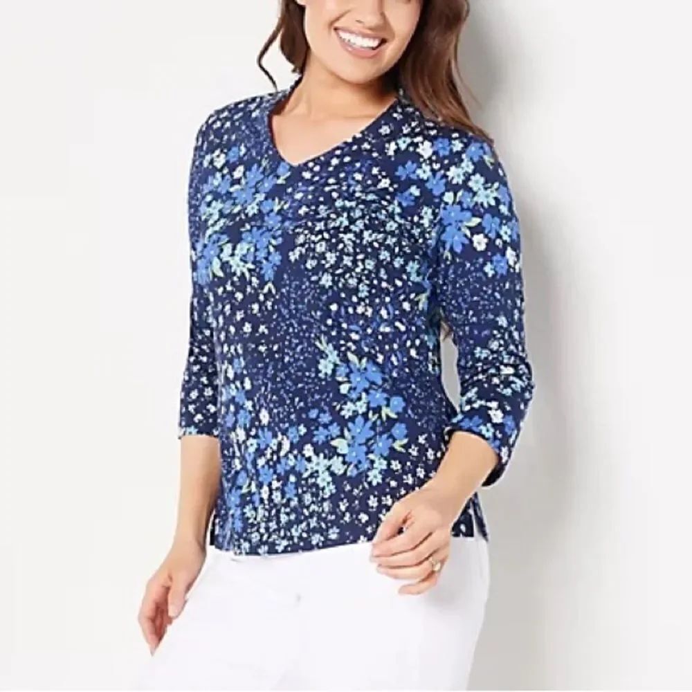 Isaac Mizrahi Live! Printed Pima Cotton V-Neck 3/4-Sleeve Top